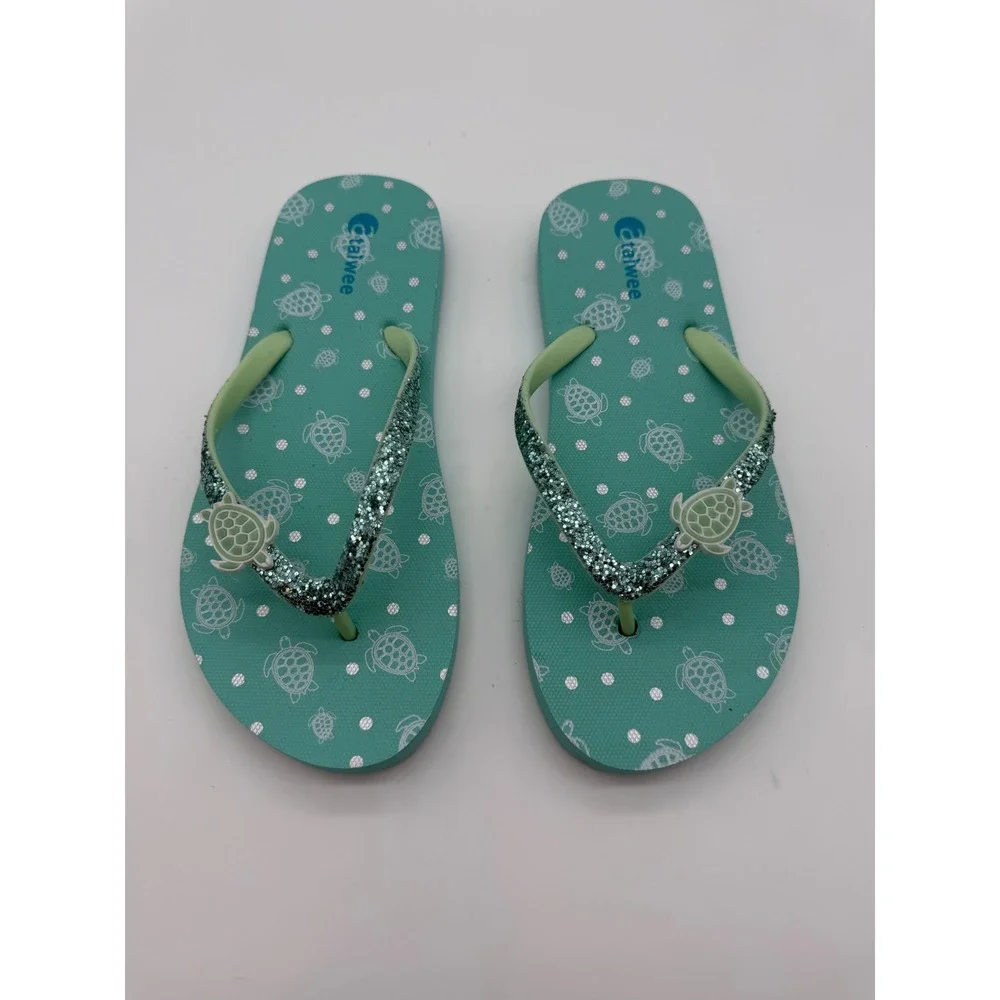 Girls Sea Turtle Glitter Flip Flop Sandals Teal Blue Green Size 4 Kids